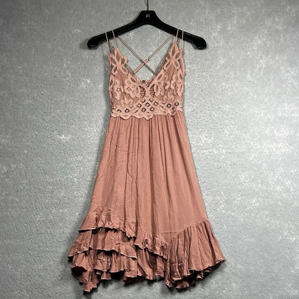 Free People Lace Slip Dress Womens Size XS Adella Dusty Rose Pink Ruffle Dress - Picture 1 of 12